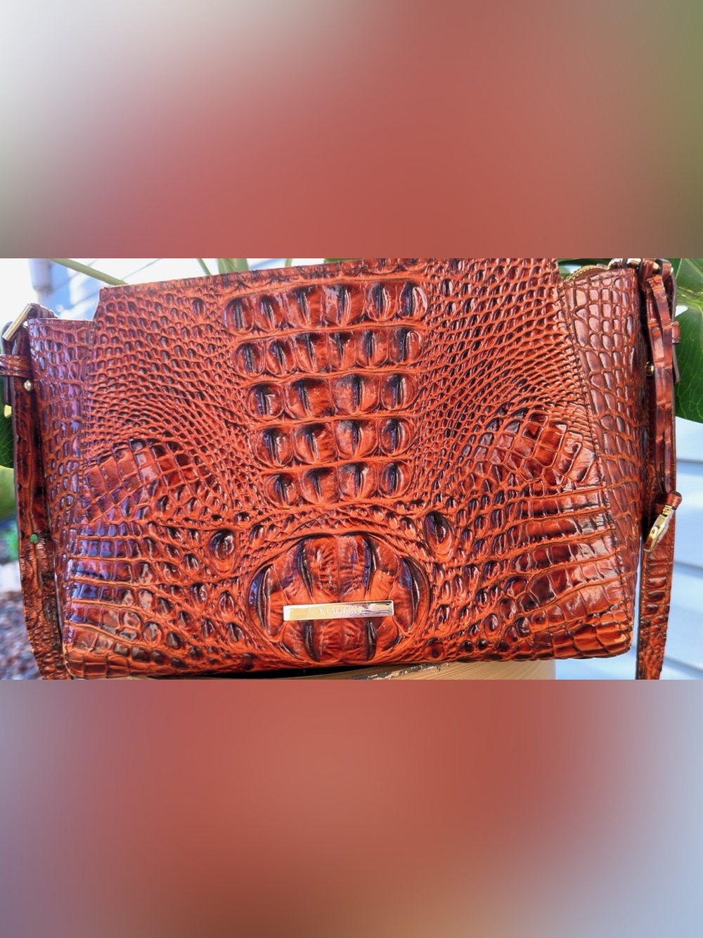 Brahmin Croc Embossed Leather Crossbody Bag Burnt Orange Cognac